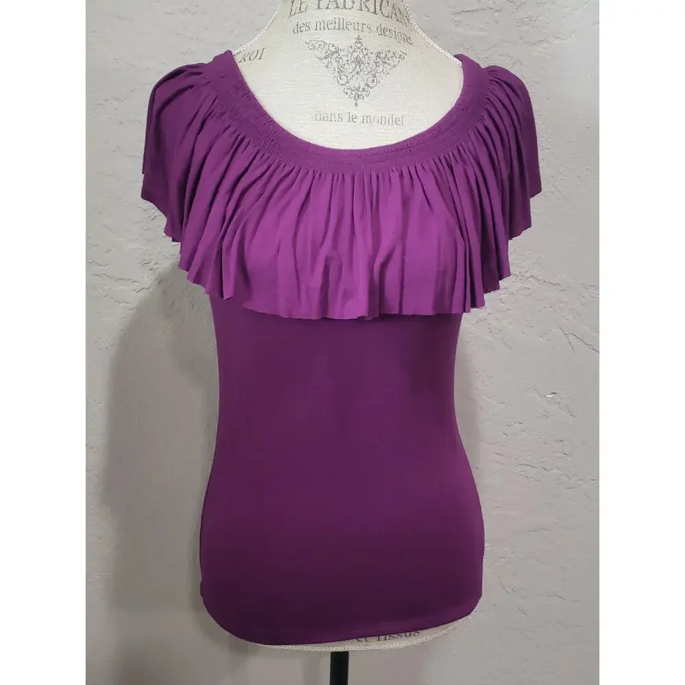 Michael Kors Purple Ruffled Shaw Short Sleeve Blouse Crew Neck Shirt
